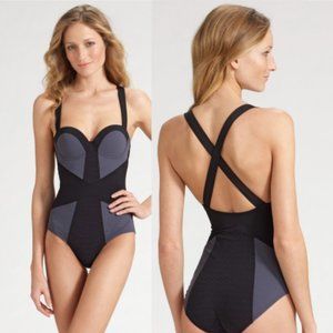 Spanx Black & Grey Colorblock One Piece Swimsuit